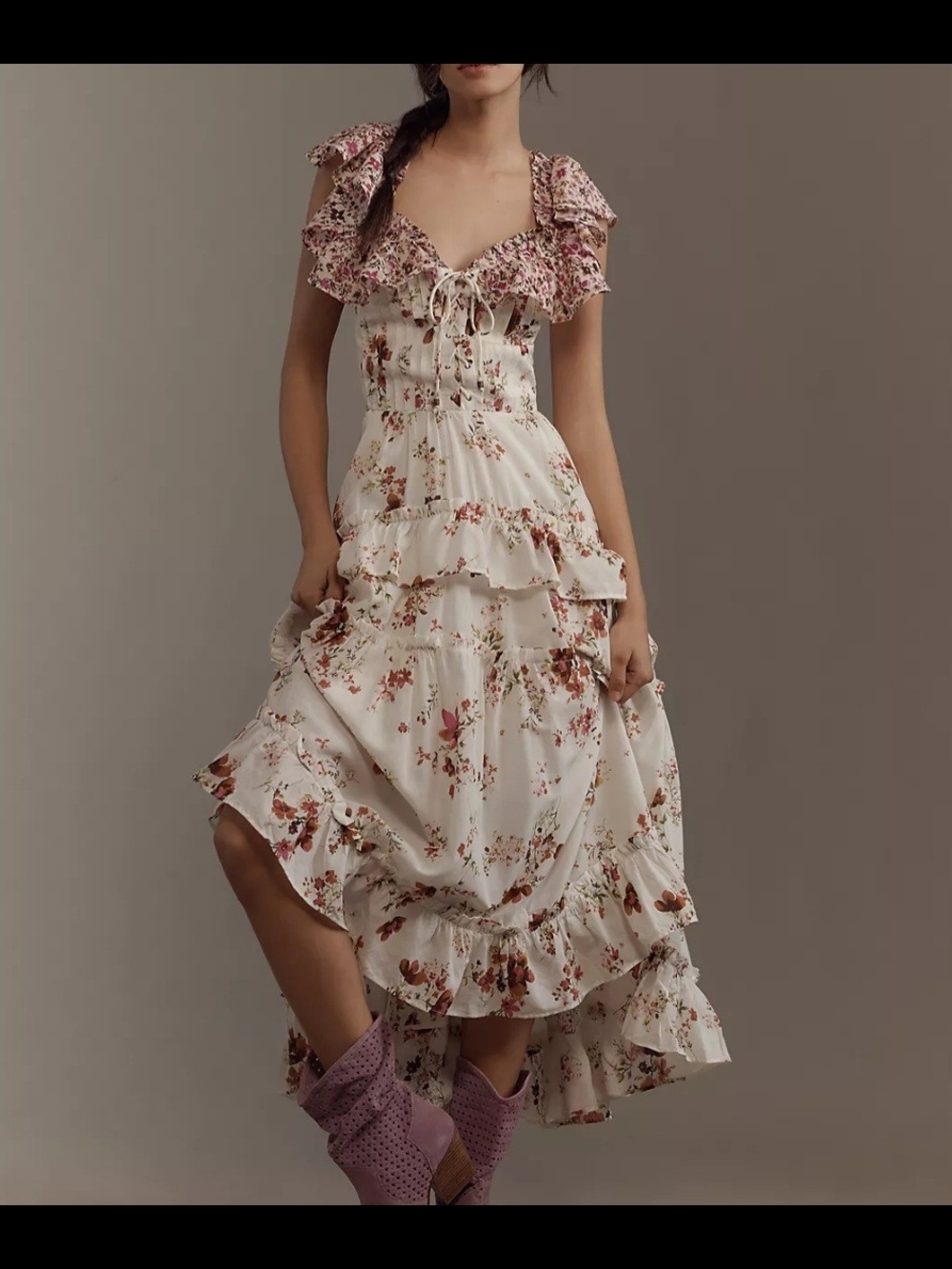 Anthropologie Maeve Floral Ruffle Maxi Dress in Cream and Pink